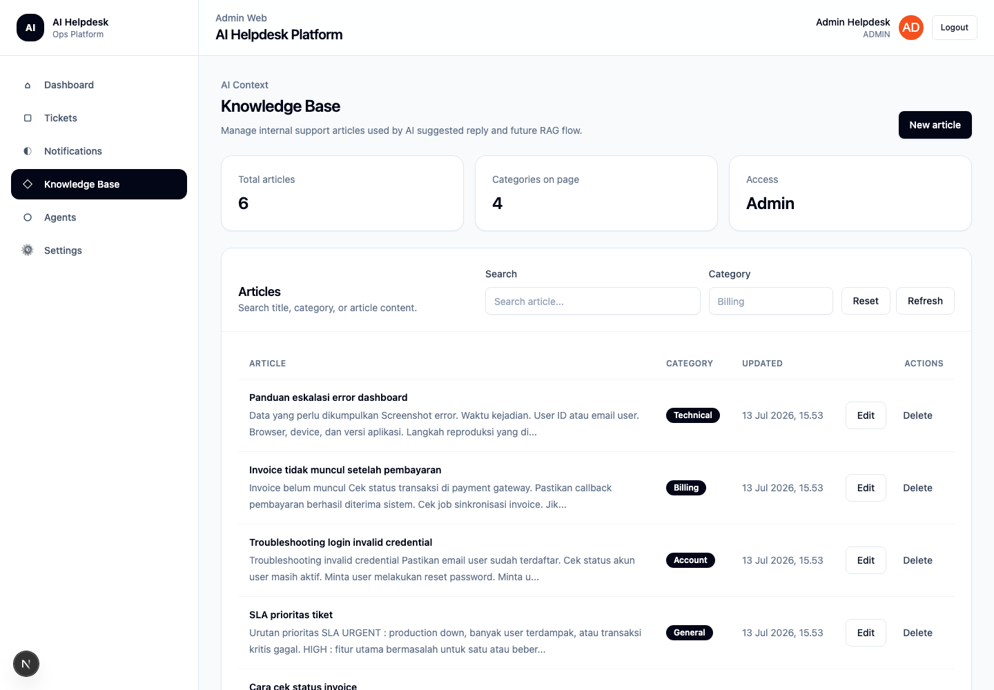 AI Helpdesk knowledge base