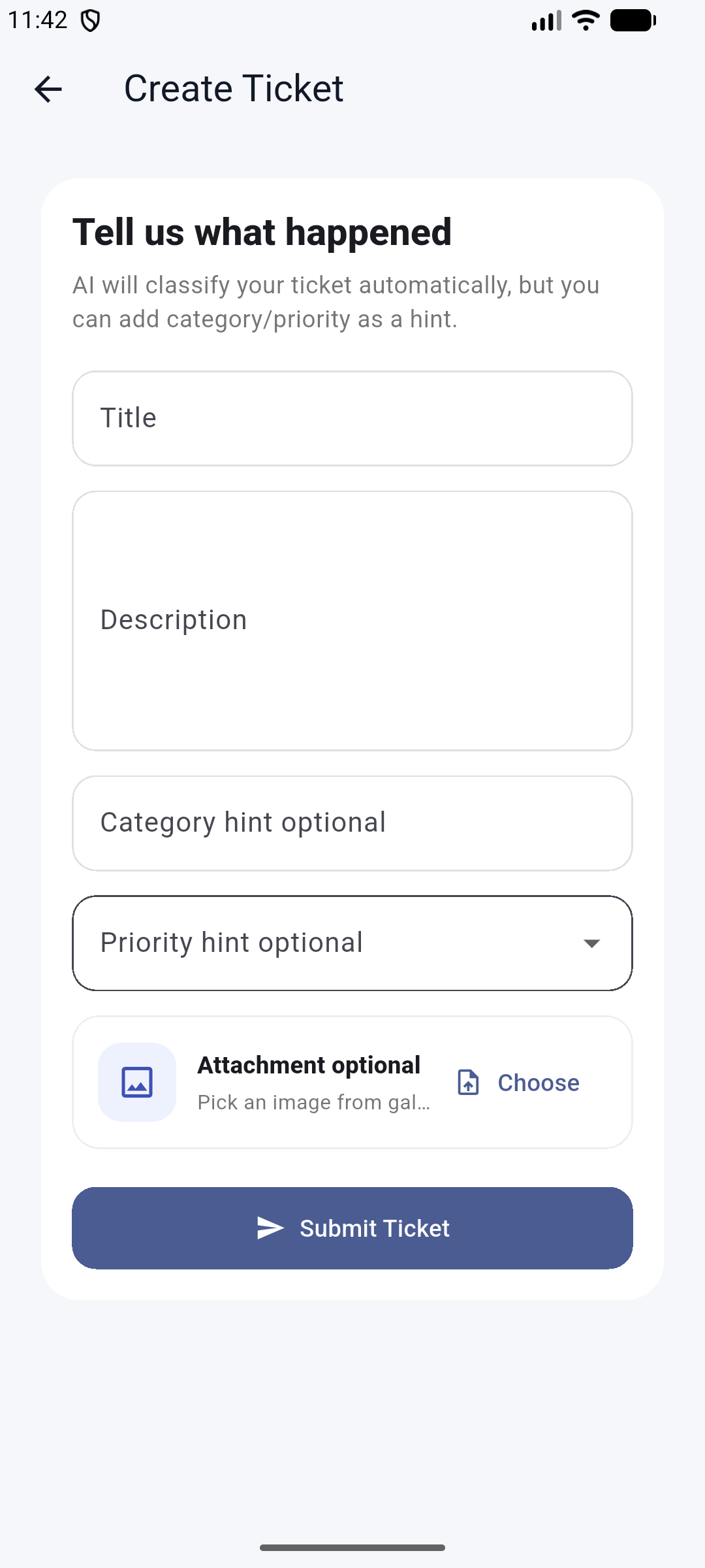 AI Helpdesk mobile create ticket screen