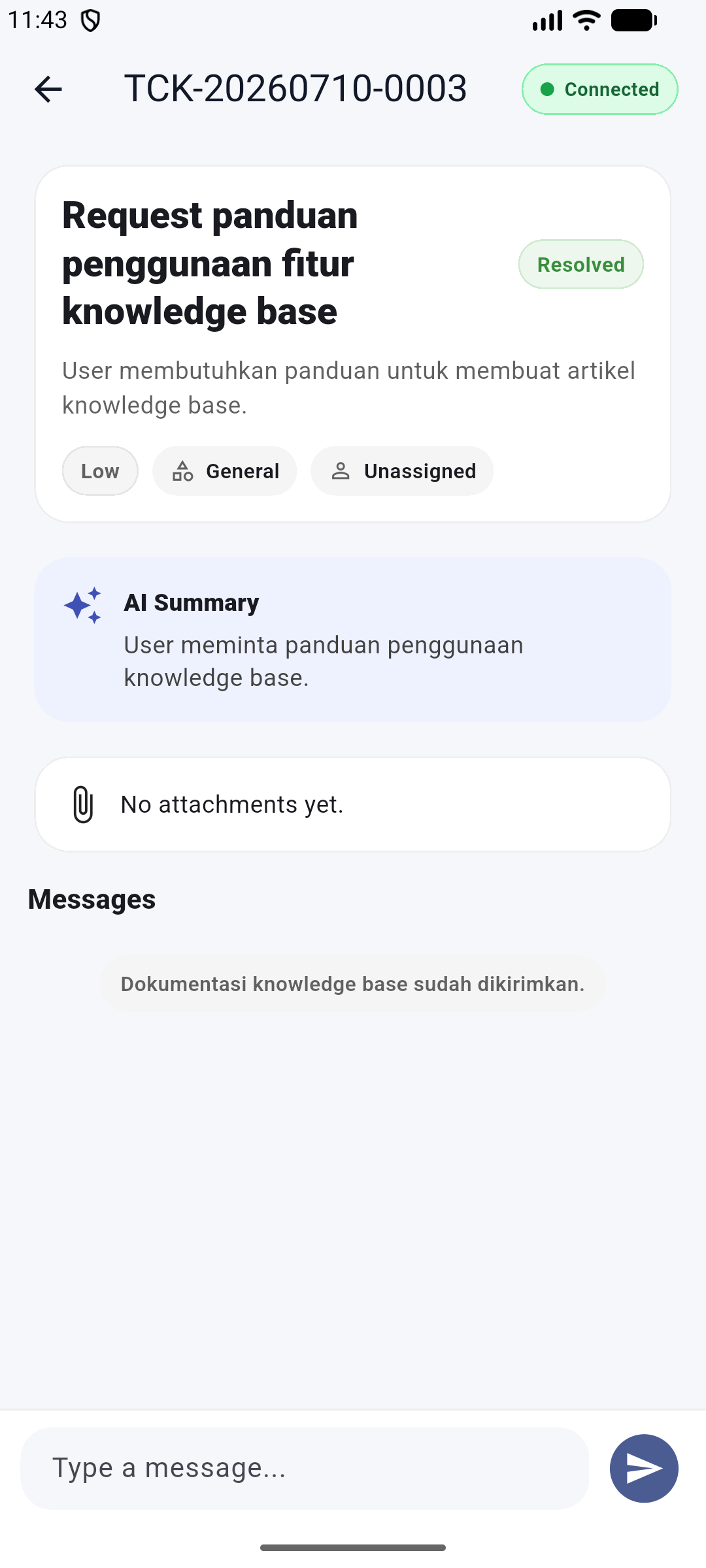 AI Helpdesk mobile ticket detail screen