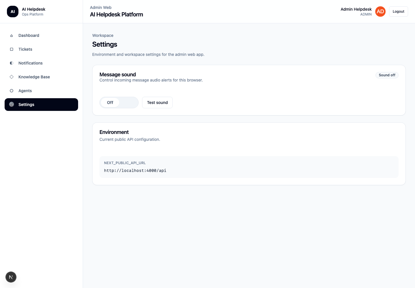 AI Helpdesk settings screen