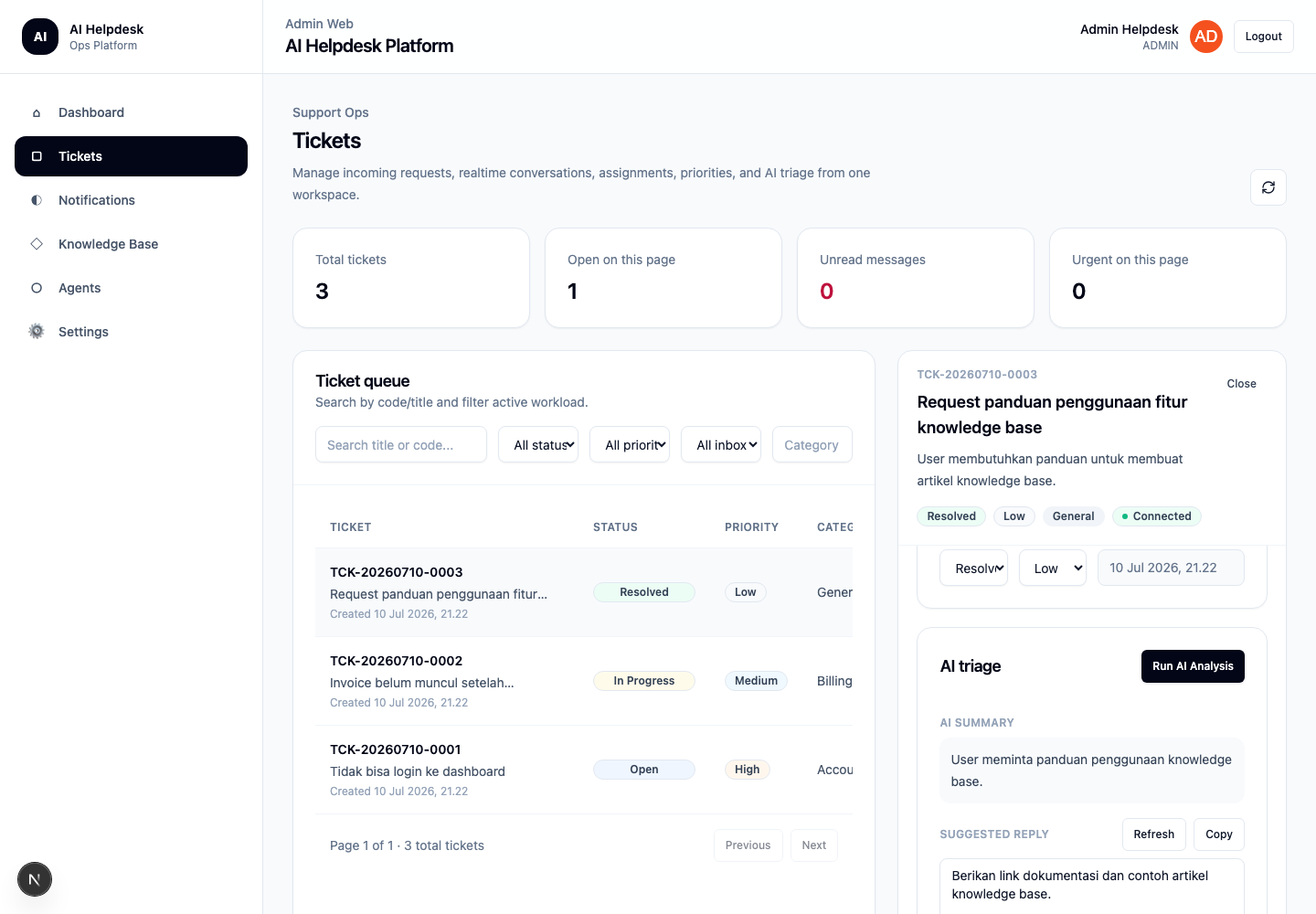 AI Helpdesk tickets screen