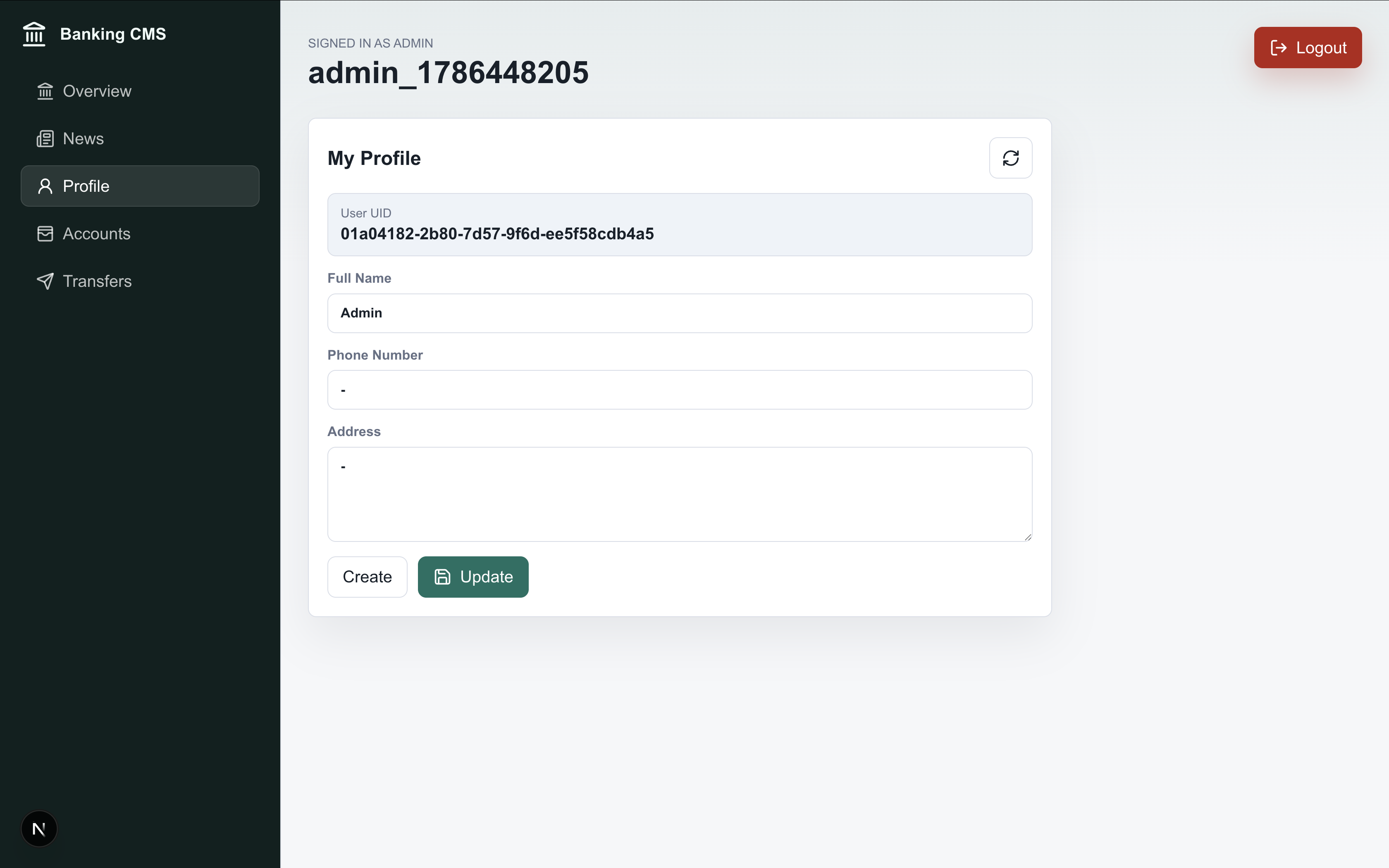 Banking CMS accounts screen