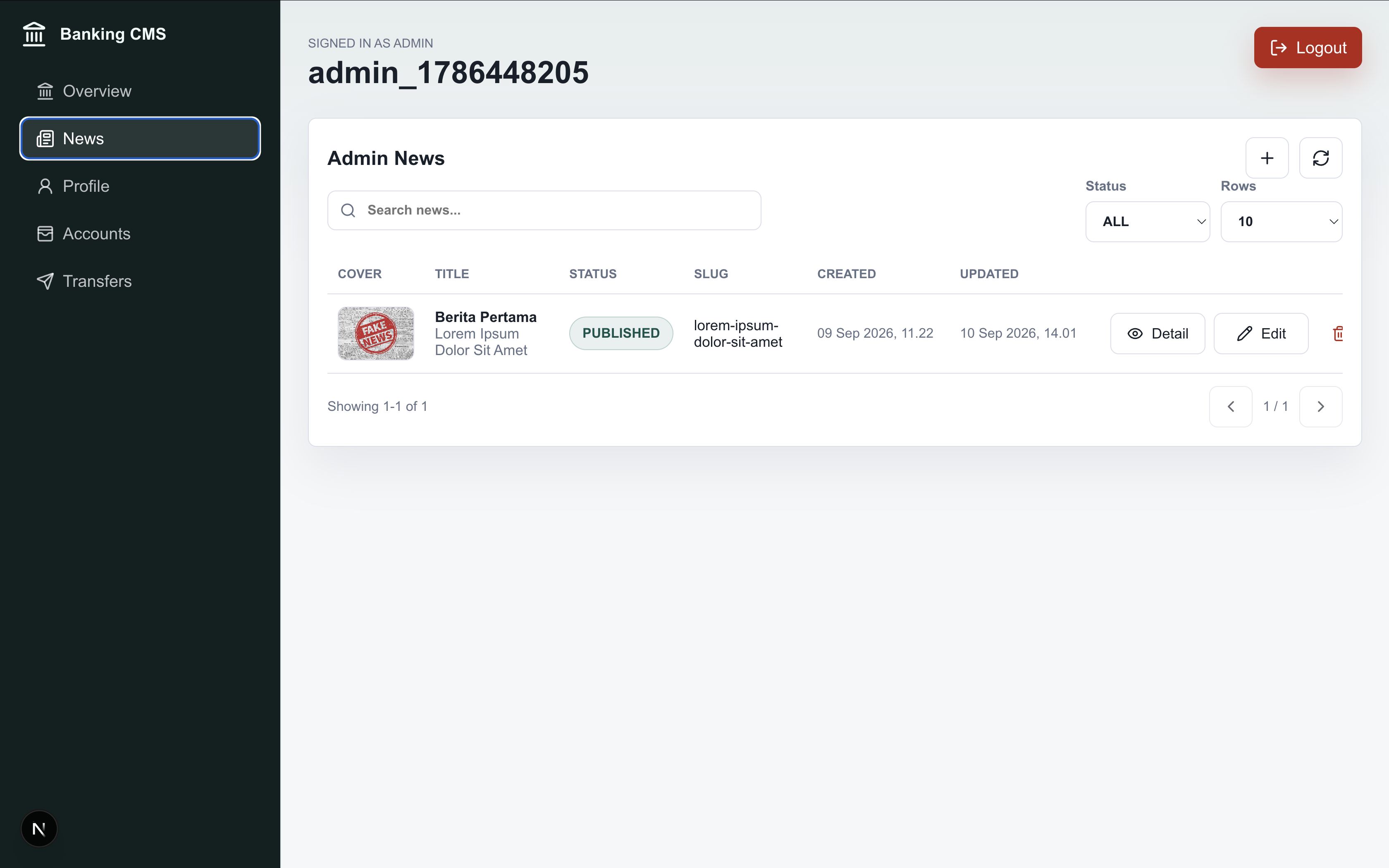 Banking CMS transfers screen