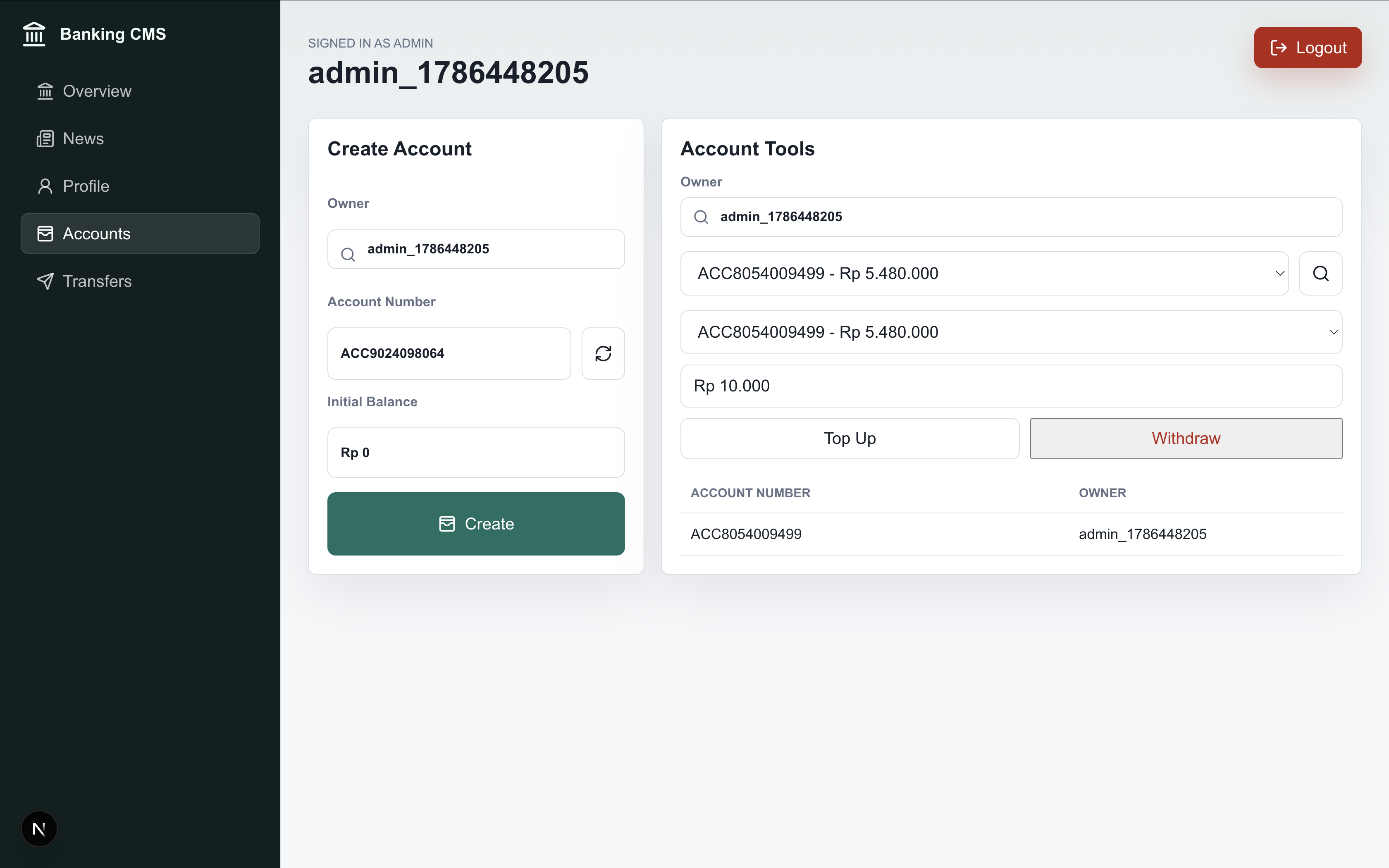 Banking CMS transaction history screen