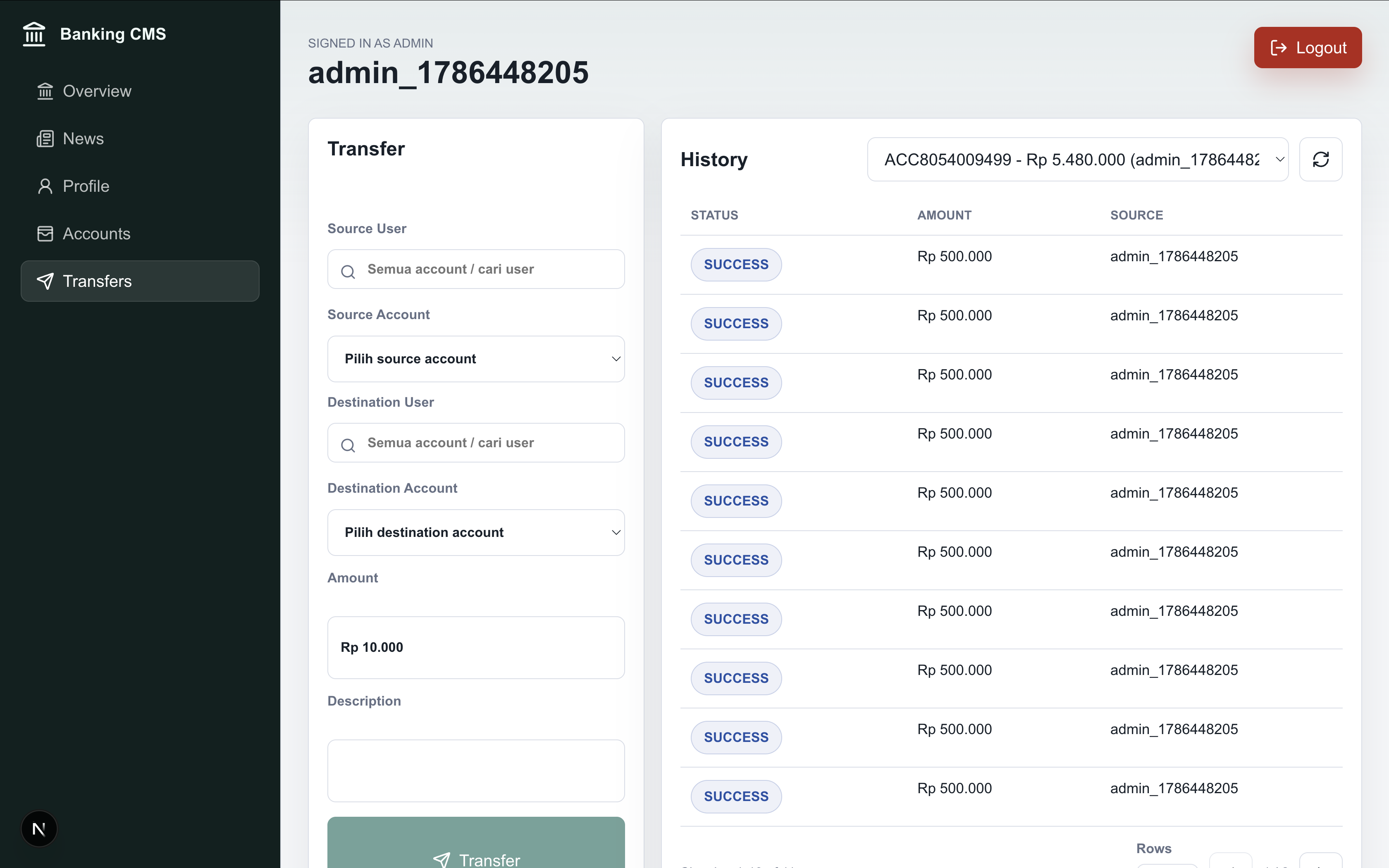 Banking CMS settings screen