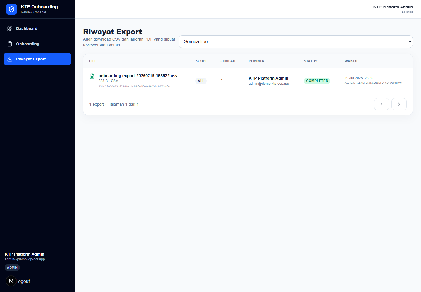 KTP onboarding export history