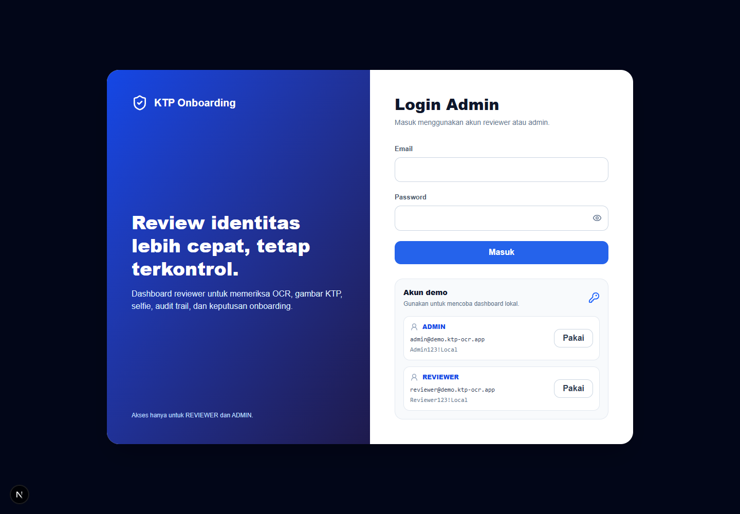 KTP onboarding admin login