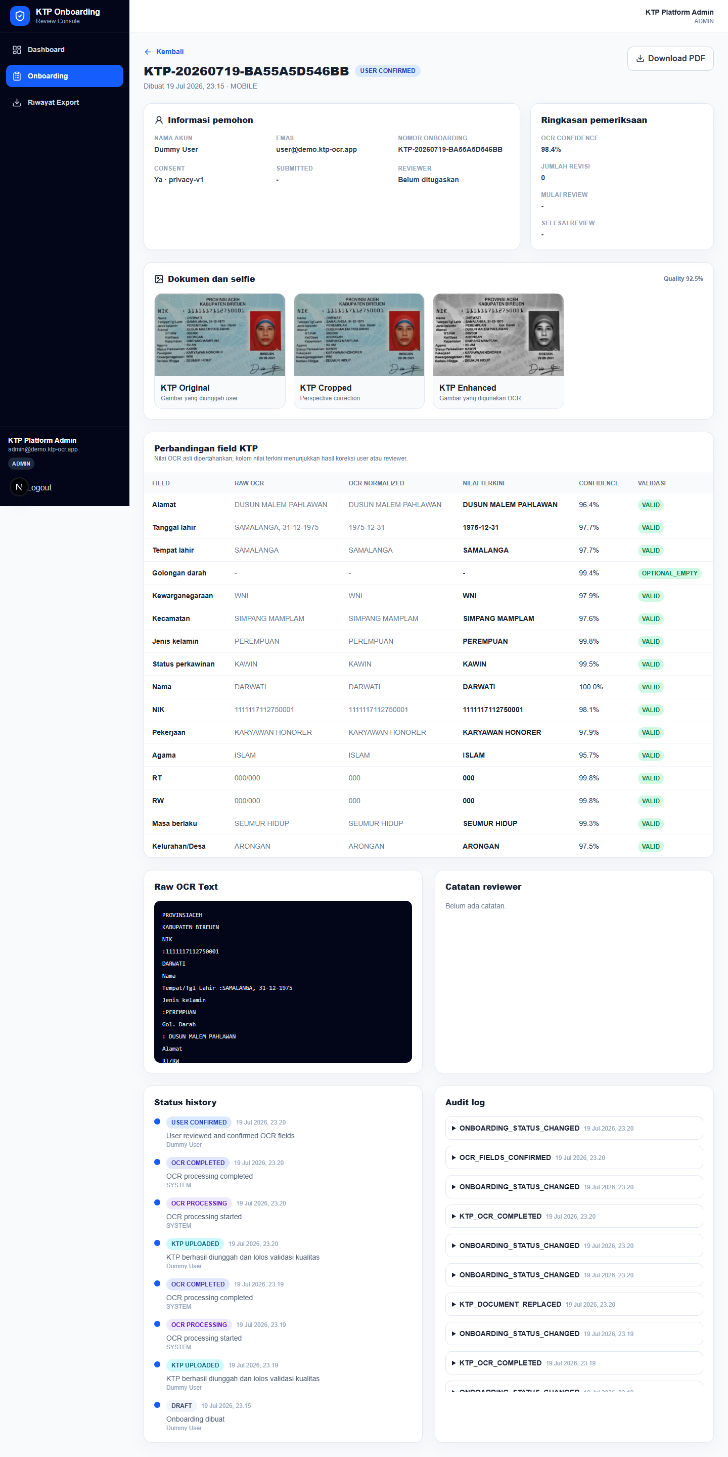 KTP onboarding review detail